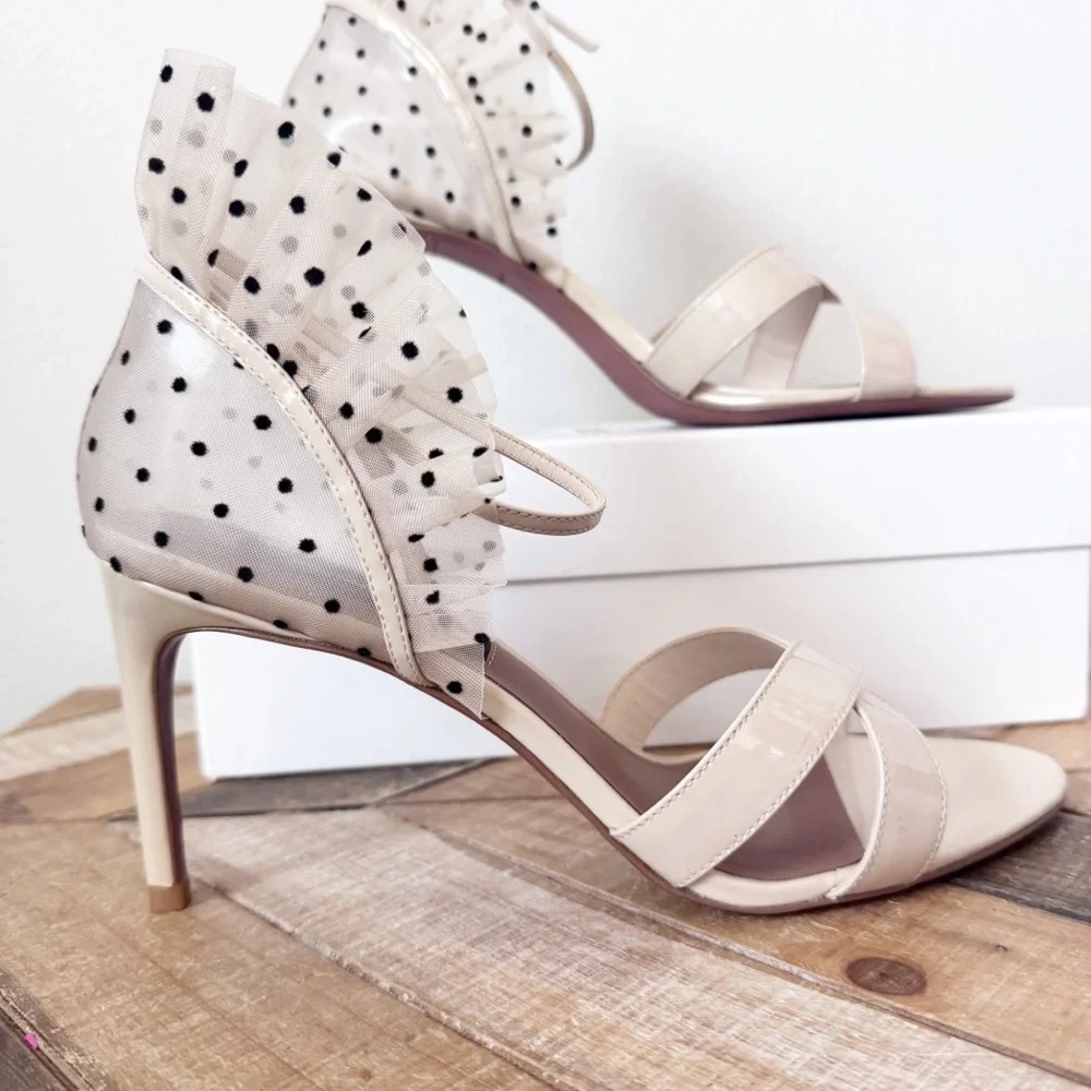BCBGMaxazria Stella Sandal Cream Ruffle Polka Dot Heels - Picture 2 of 14